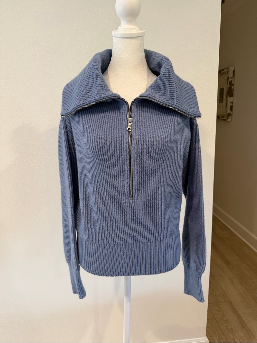 Ann Taylor Blue Ribbed Half-Zip Cowl Sweater